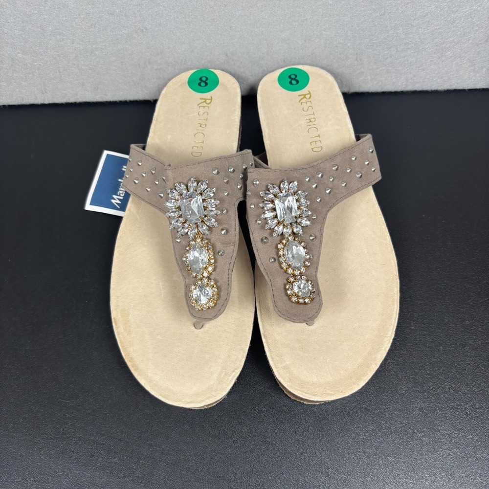 Restricted Jeweled Thong Sandals Womens Size 8 Taupe Suede Rhinestone Studded